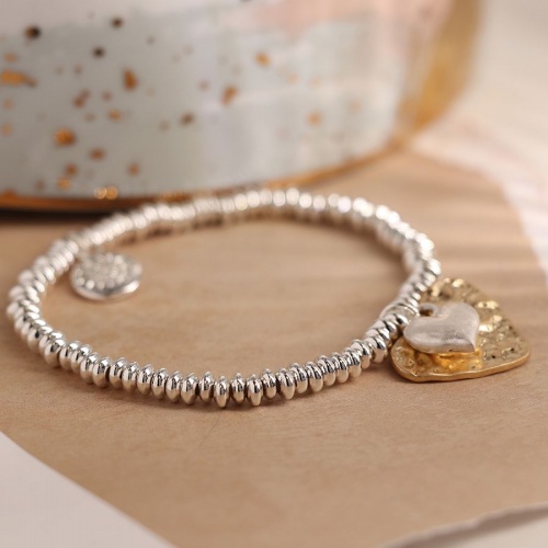 Silver Plated Bead Bracelet with Gold and Silver Hearts by Peace of Mind